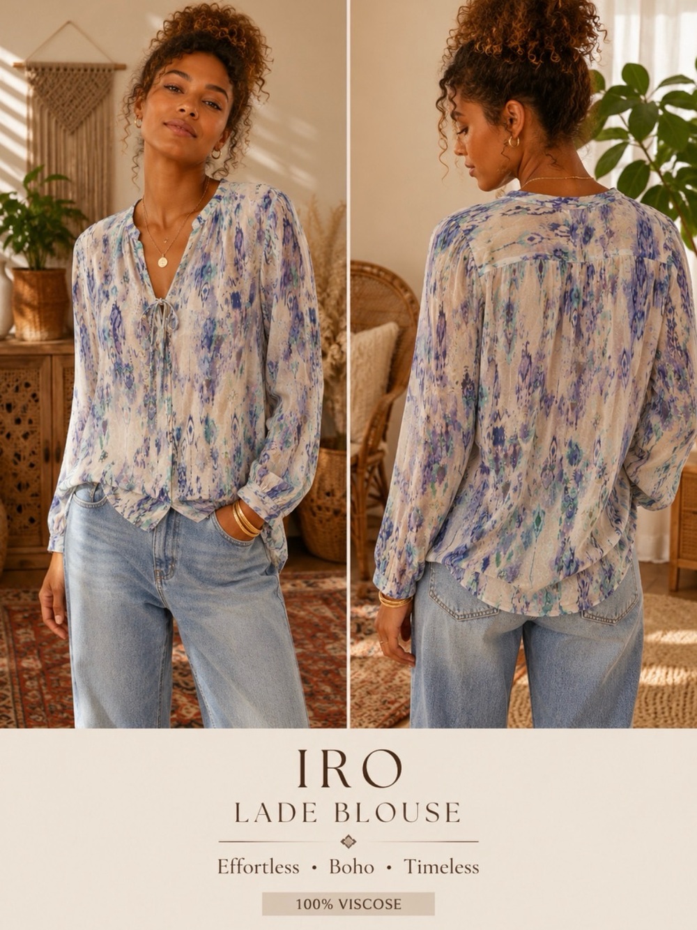 IRO Lade Watercolor Print Chiffon Tie Neck Boho Blouse Long Sleeve Sz 34